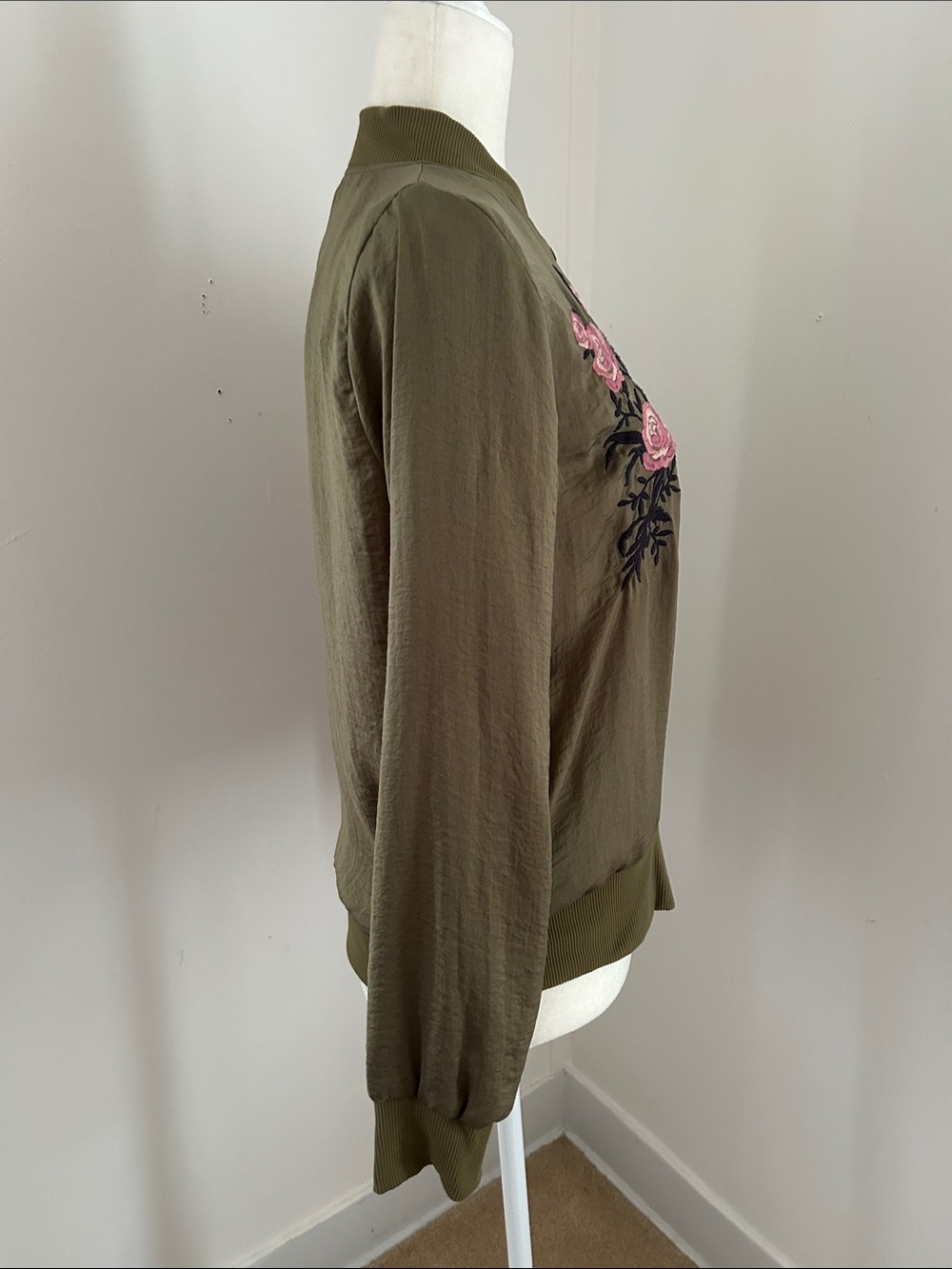 C Olive Green Bomber Jacket with Pink Rose Embroidery - Picture 3 of 7